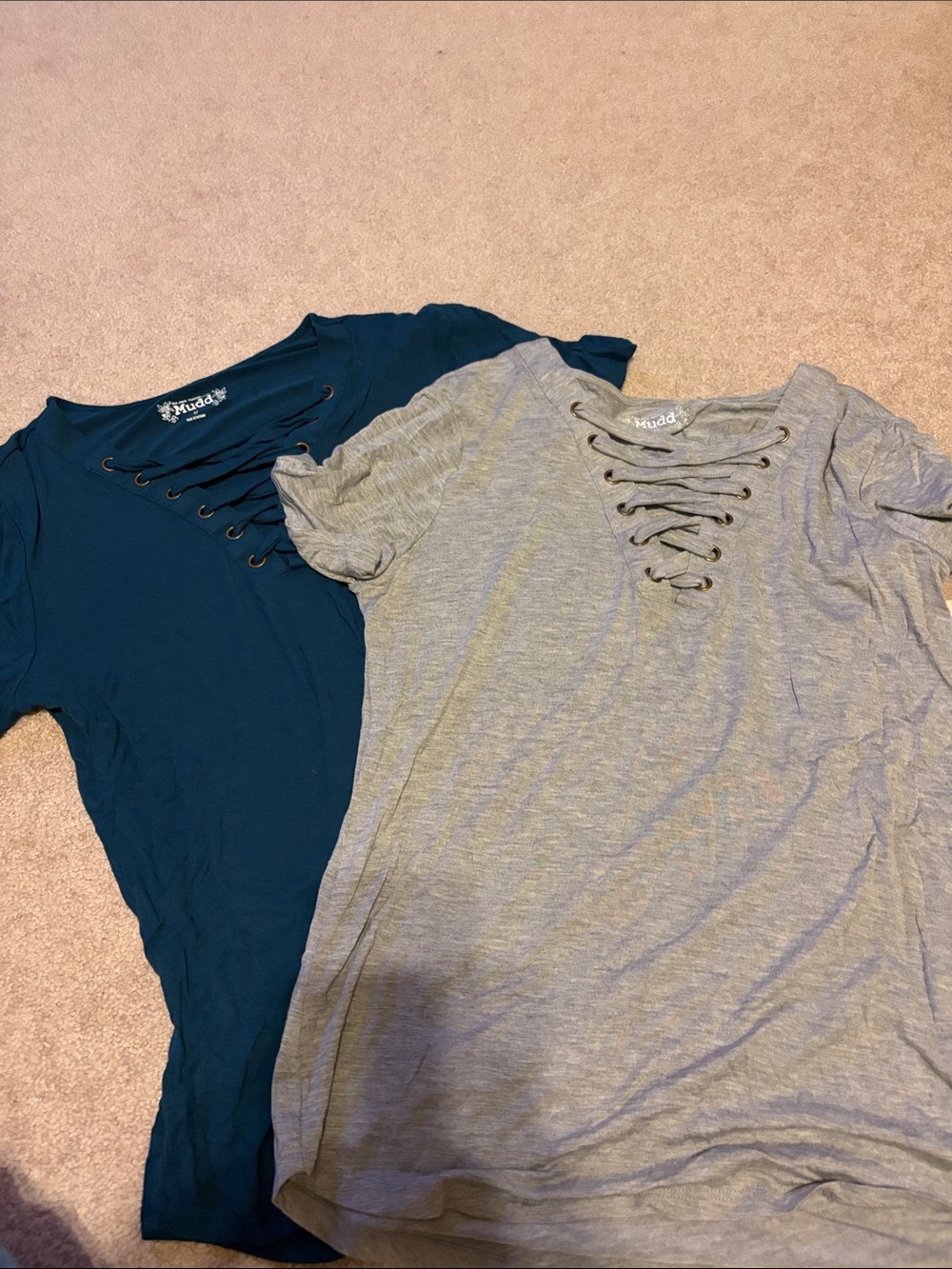 Set of 2 Mudd Lace-Up Front Tee - Teal & Light Gray shirts